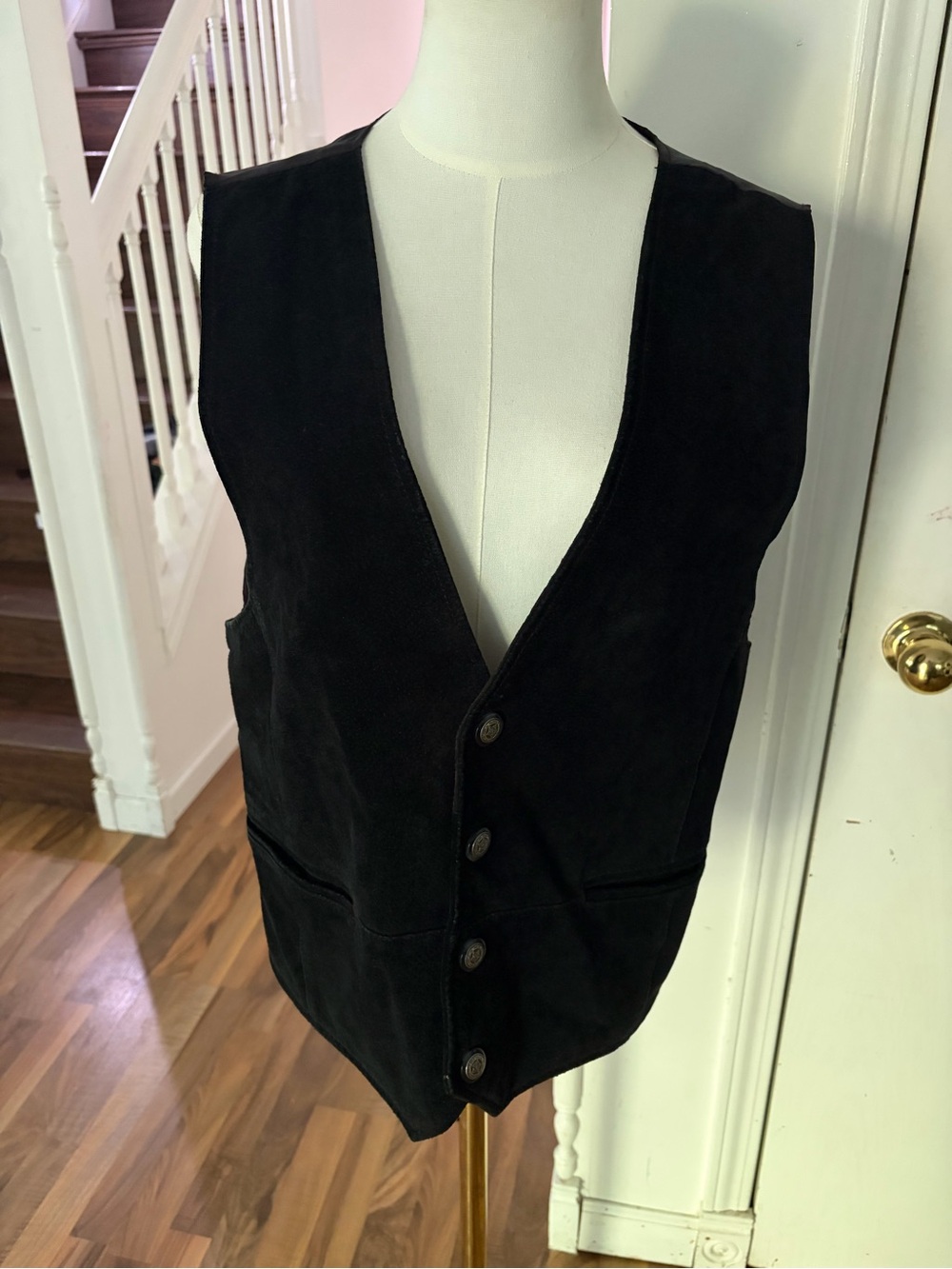 Black Leather Suede Silver Snaps Vest, Western / Biker, Medium, EUC
